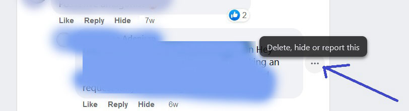 hover to delete, hide comment or report spam comment on facebook page post